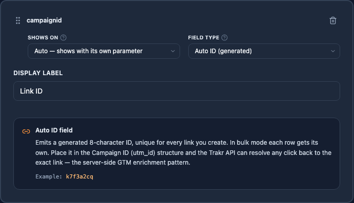 The Auto ID field card in the Syntax Builder: field type set to Auto ID (generated), with the explainer panel and an example ID