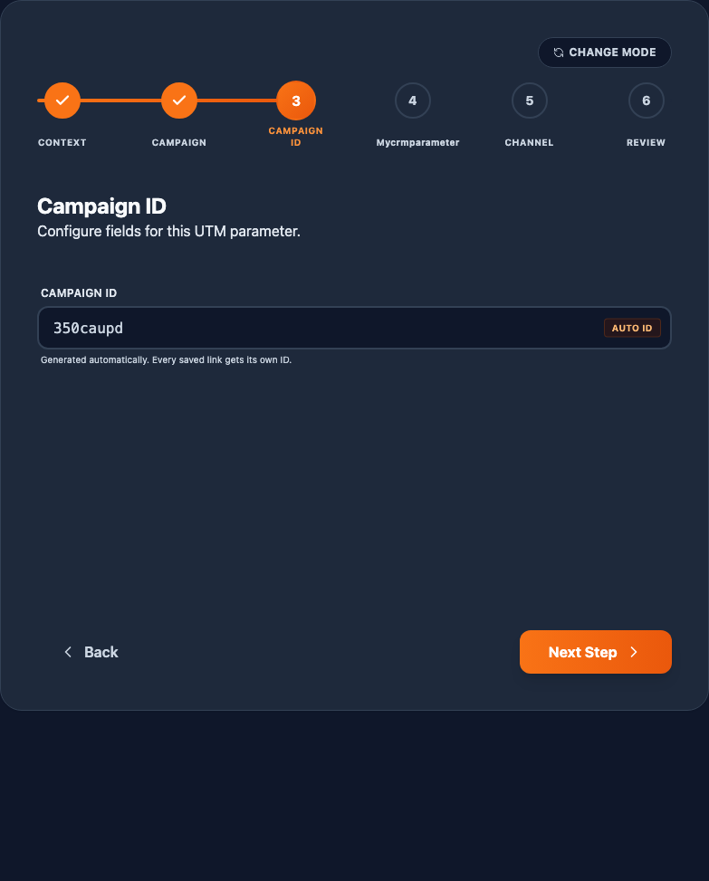 The builder wizard's Campaign ID step showing a generated read-only ID with the Auto ID badge