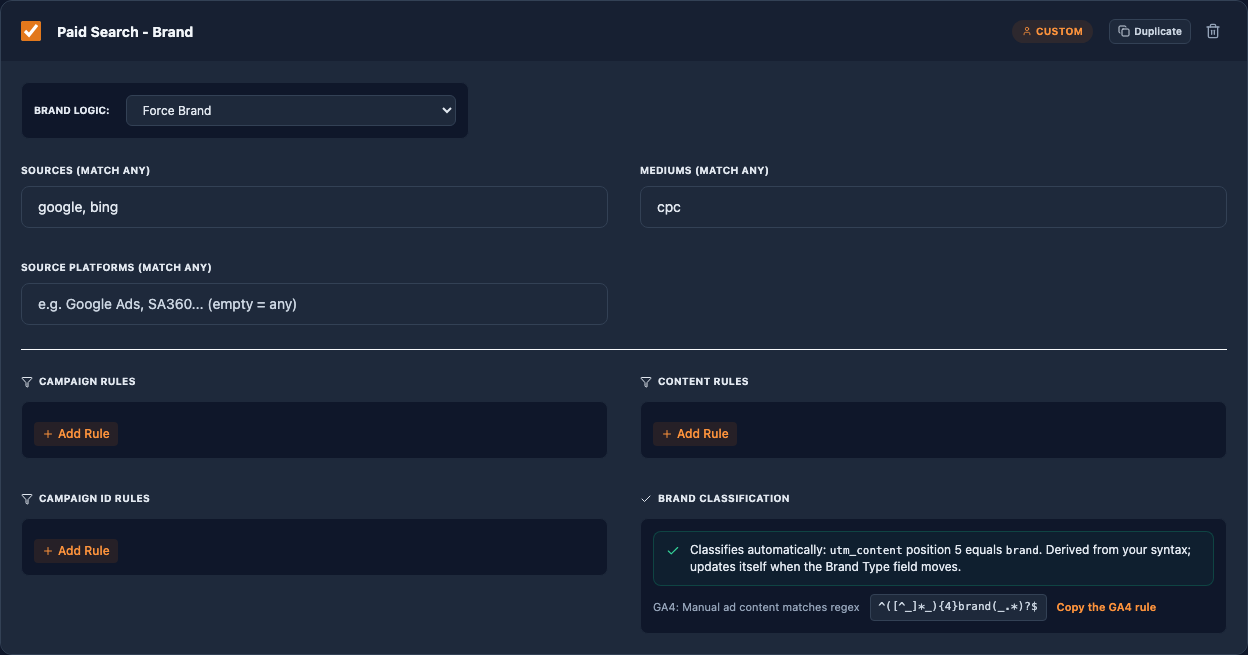 A Paid Search Brand channel card showing the derived classification line under Brand Logic and the Copy the GA4 rule link
