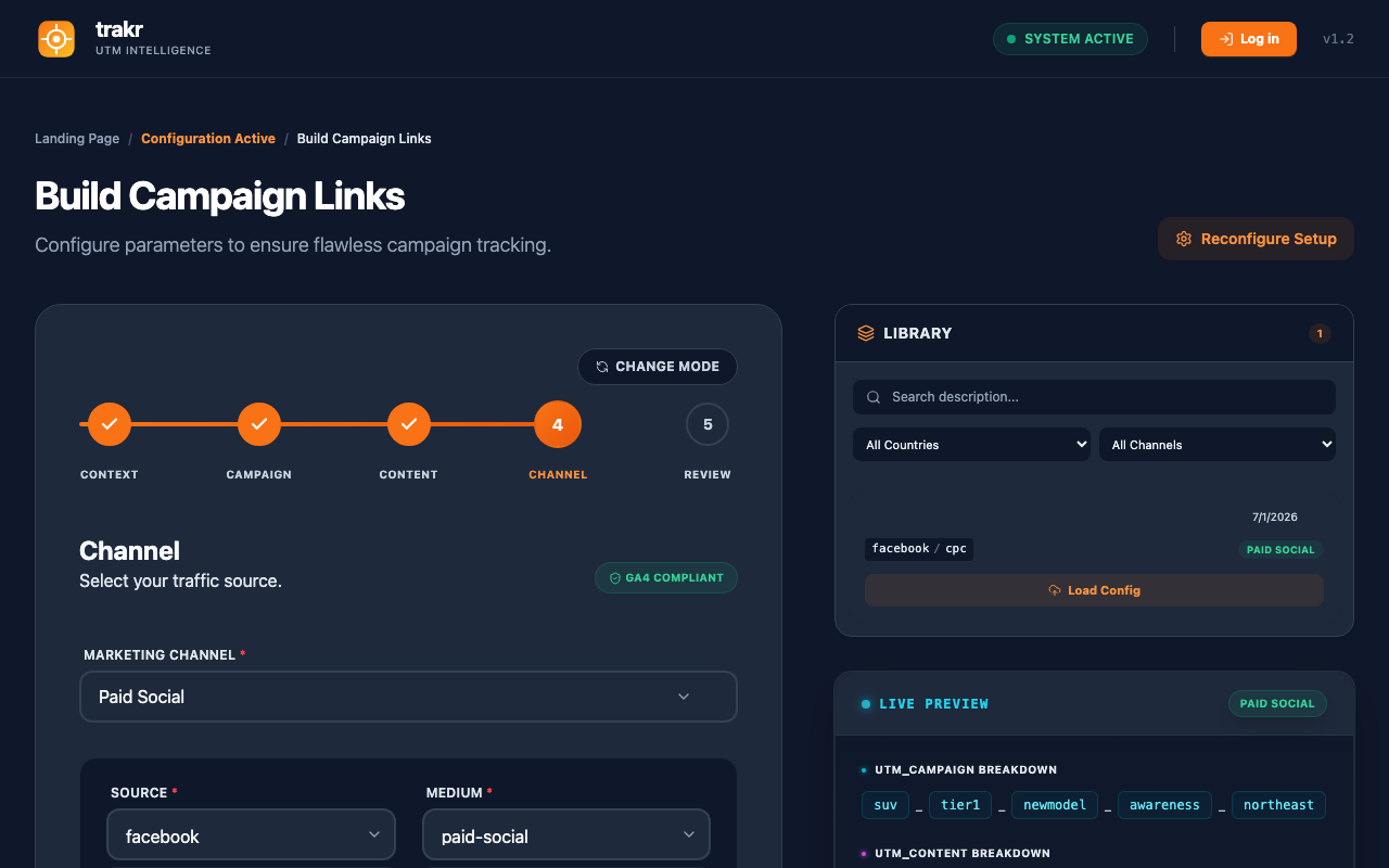 The builder with a full URL assembling in the live preview