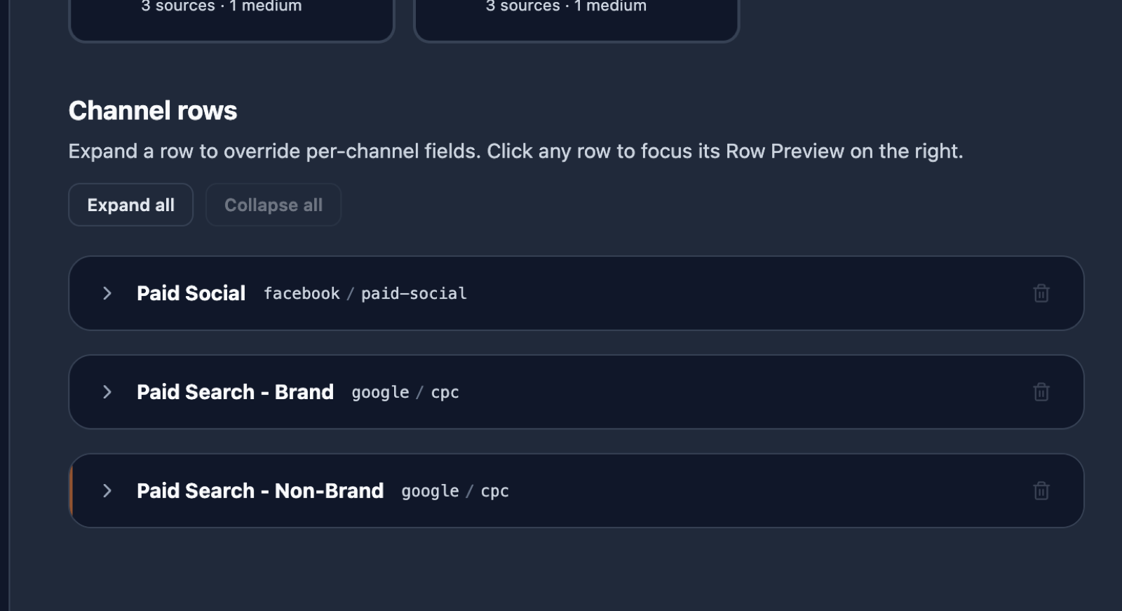 Bulk mode channel rows with source, medium, and per-row controls
