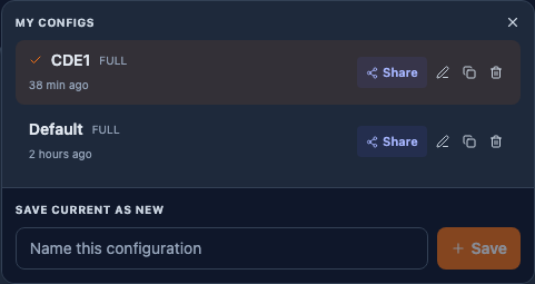 The config dropdown with two saved configurations, Share buttons, and the save-as-new field