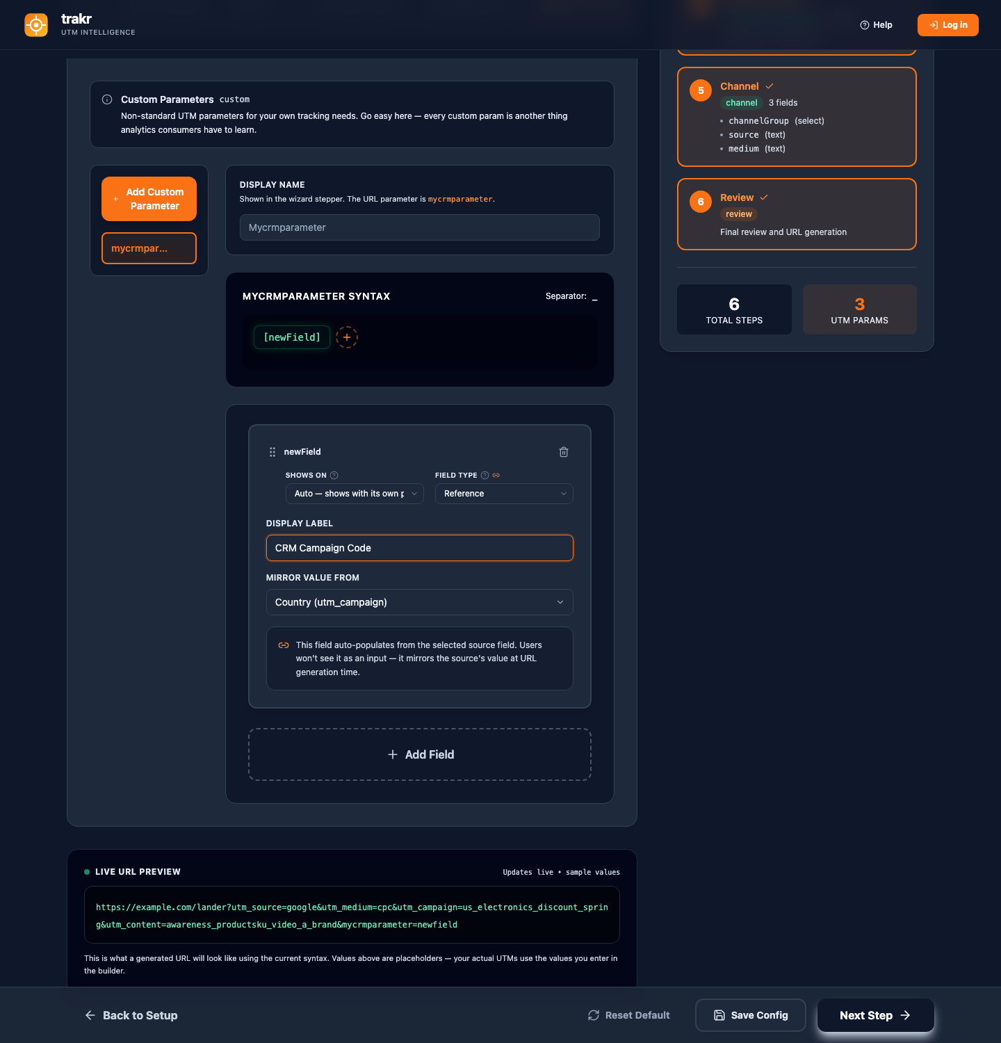 The Custom Parameters tab in the syntax builder with a parameter's name, label, fields, and separator