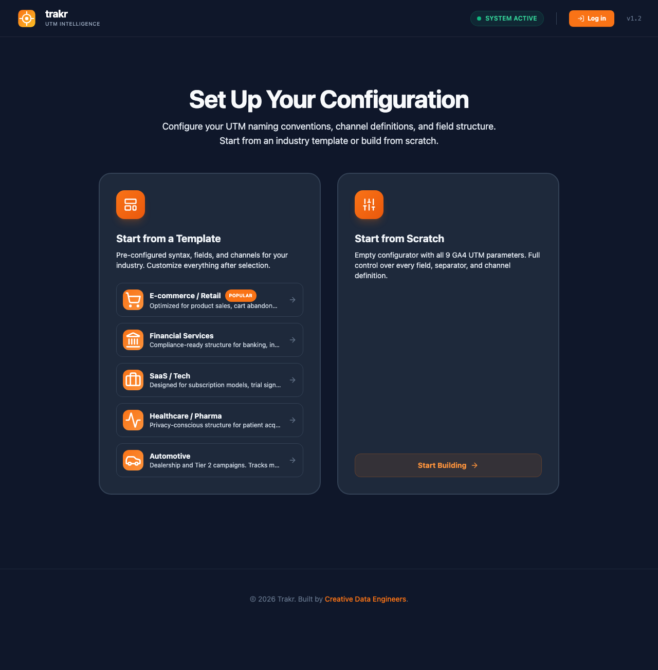 Trakr entry screen with five industry templates and the start-from-scratch option