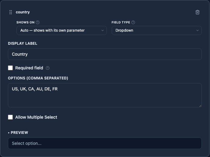A field card in the syntax builder with the Required field checkbox