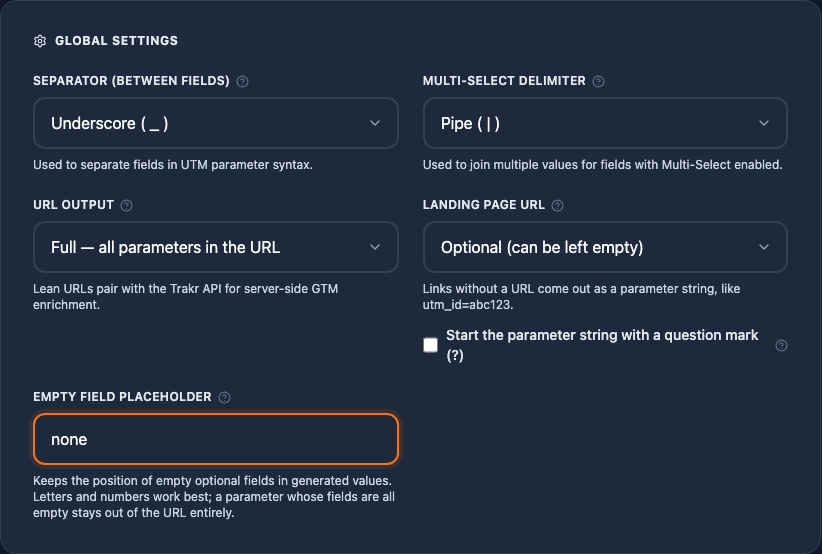 The Landing Page URL control set to Optional, with the question mark sub-option and a filled Empty Field Placeholder