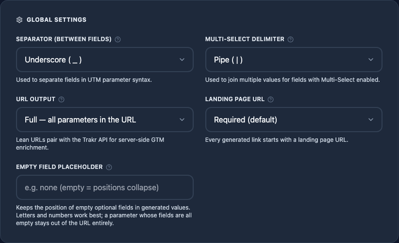 The Global Settings block with the separator, multi-select delimiter, URL Output, Landing Page URL, and Empty Field Placeholder controls