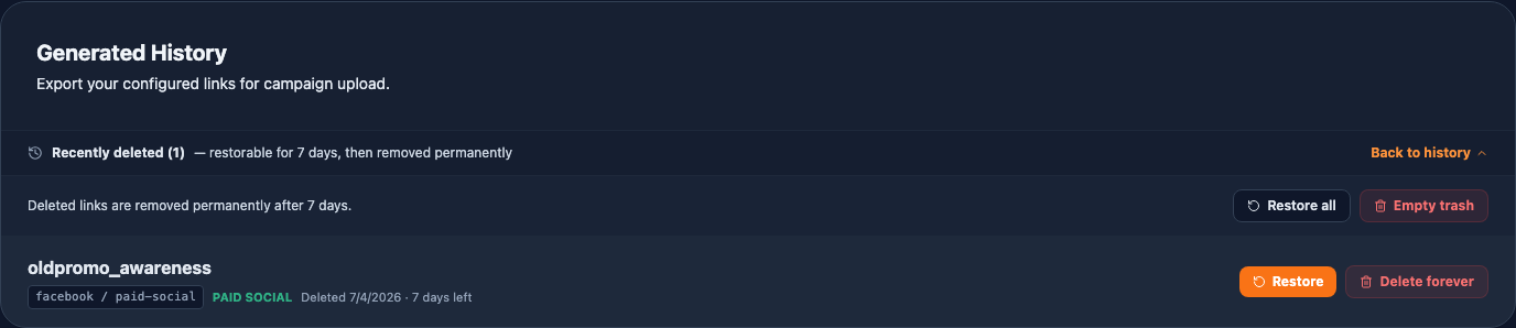 Recently deleted view with Restore, Restore all, Delete forever and Empty trash actions