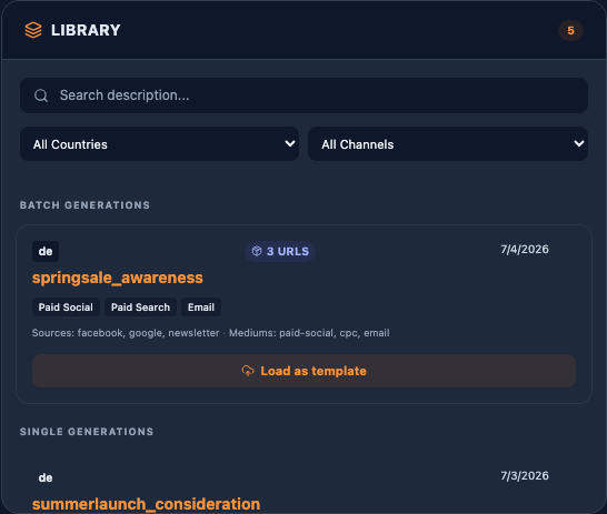 Library sidebar with a batch card and single URL cards, search and filter controls