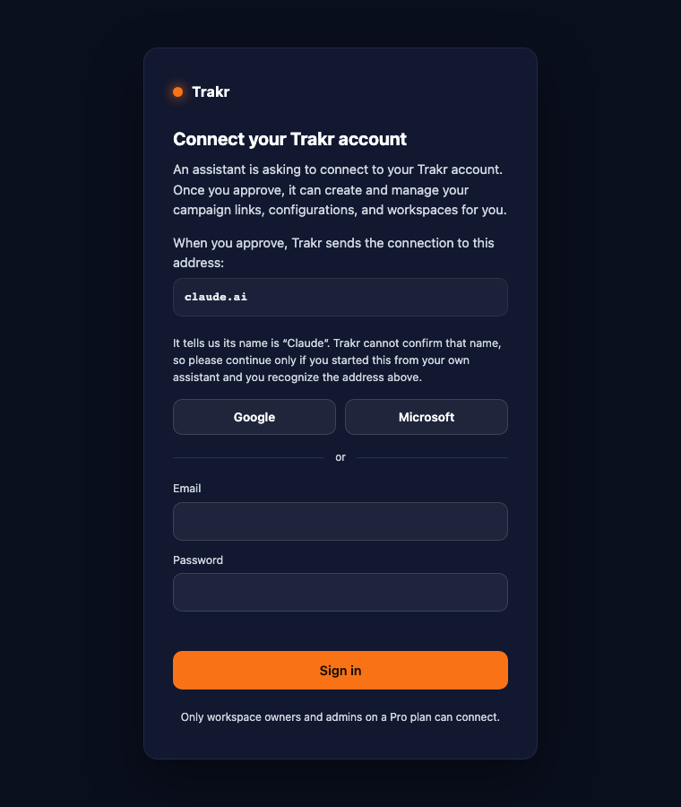 The Trakr sign-in and approval screen shown inside Claude, with Google, Microsoft, and email sign-in and the address the connection will use