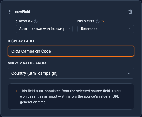 A field card in the syntax builder with the Reference type selected and the Mirror value from dropdown open