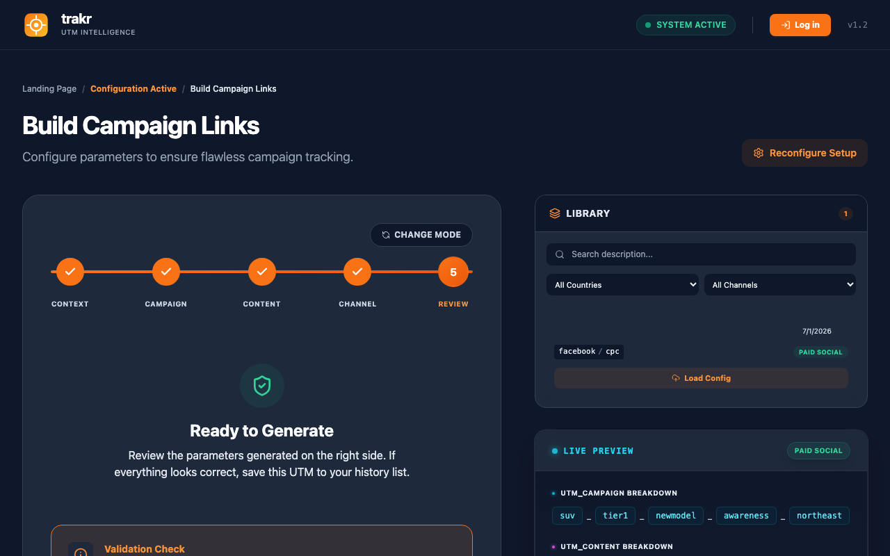 Review step summarizing all values before generating the URL