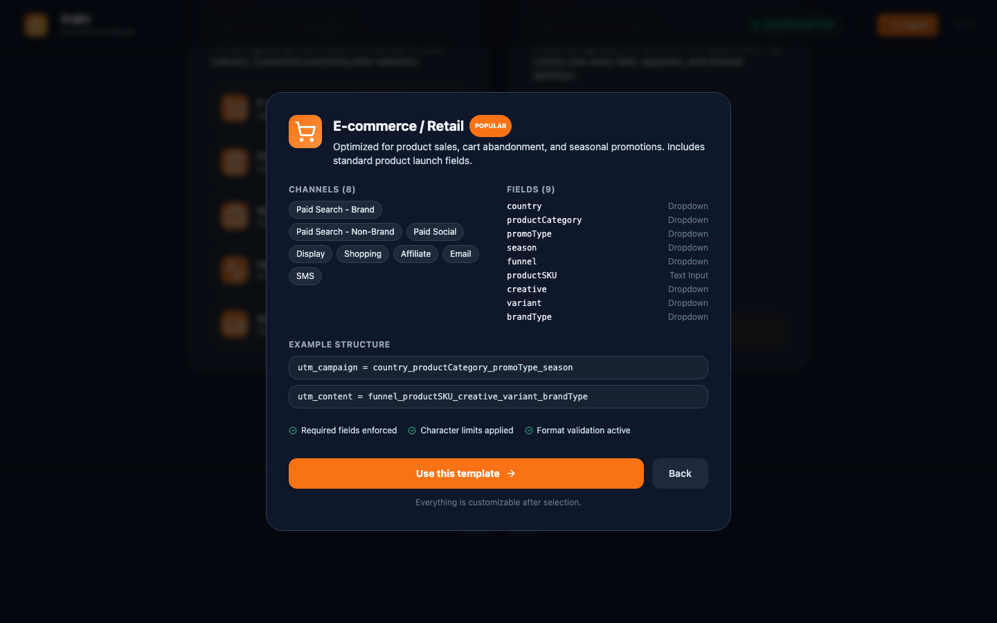 Template preview dialog listing channels, fields, and the example structure