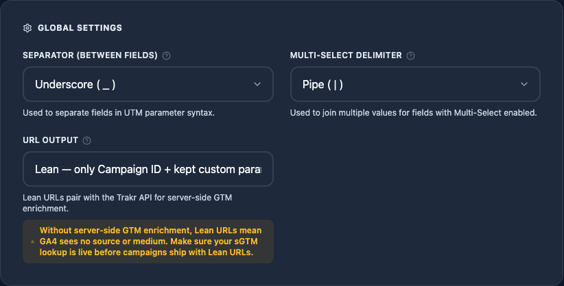 Global Settings in the Syntax Builder with URL Output set to Lean and the server-side GTM warning visible