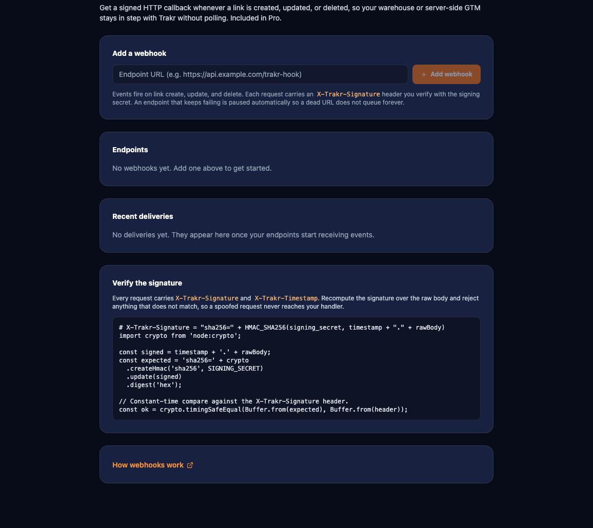 The Webhooks section in Trakr Settings: an endpoint URL field, an endpoints list, a recent-deliveries log, and a signature-verification snippet.