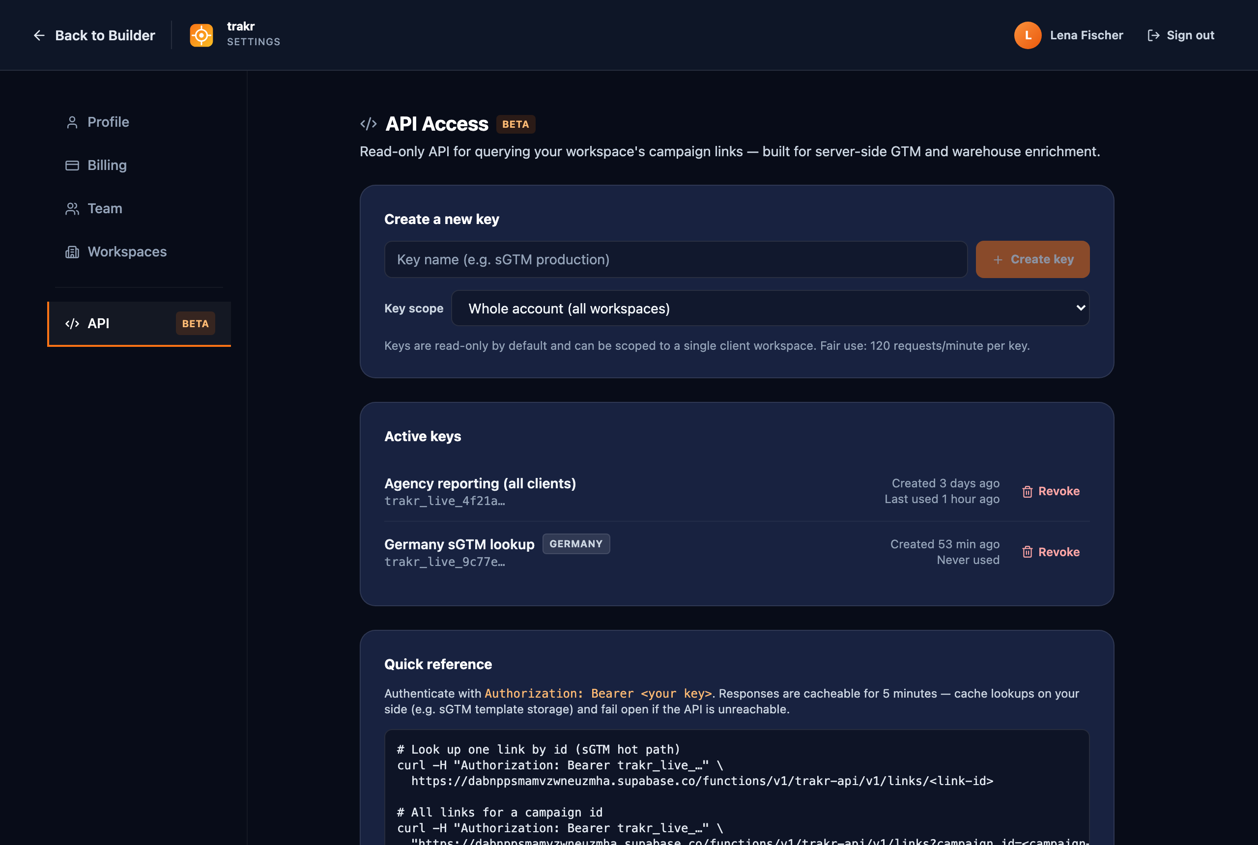 The API settings page with the key creation form, the key scope selector, and the active keys list
