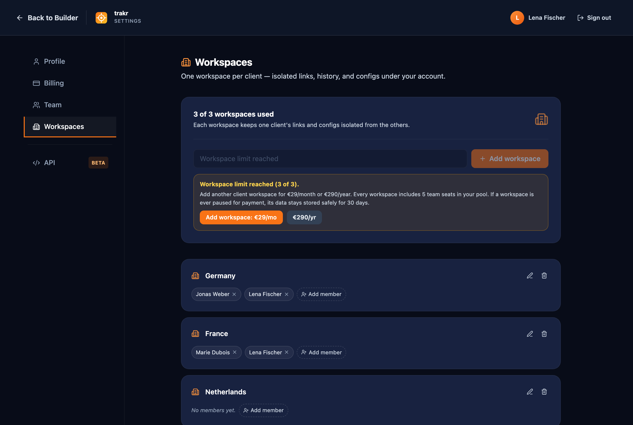 The Workspaces settings page of an agency account with three client workspaces named Germany, France, and Netherlands, member chips on each, and the add-workspace purchase card