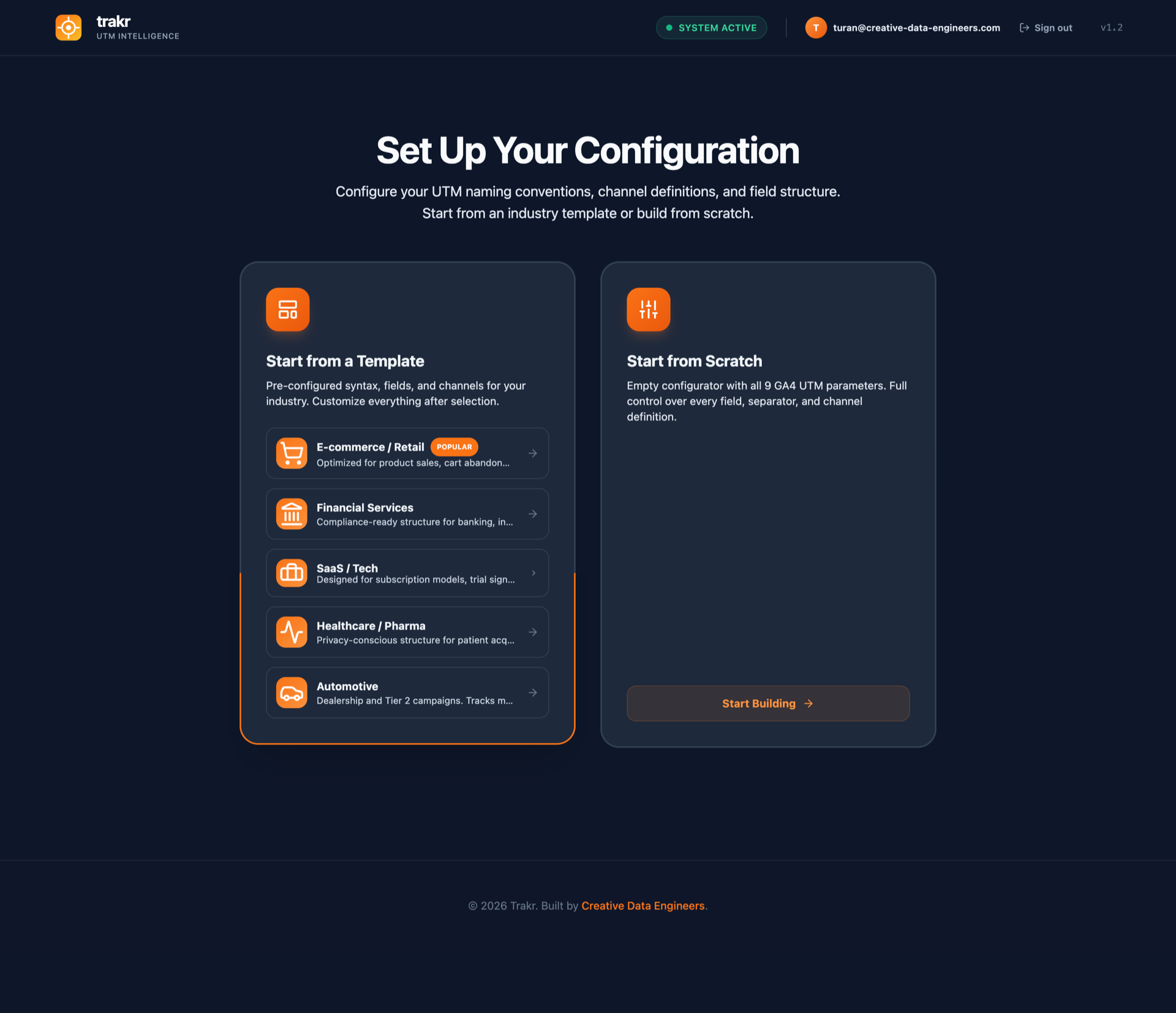 Trakr entry screen showing industry templates