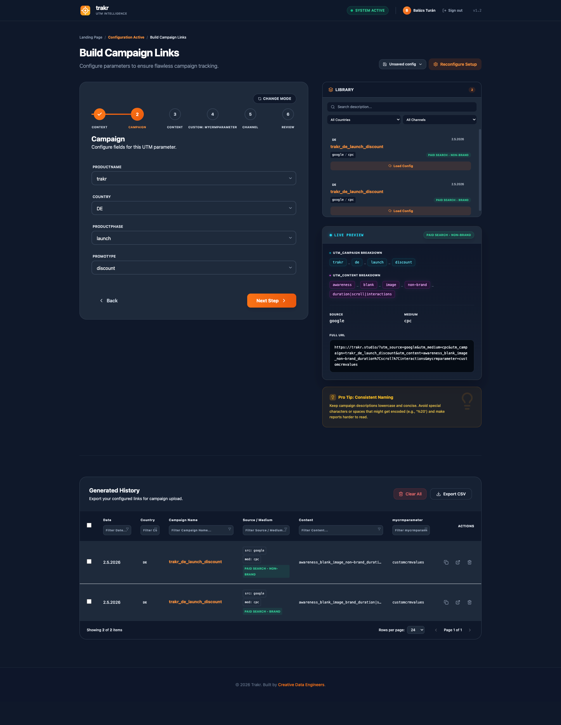 Trakr campaign builder with live preview